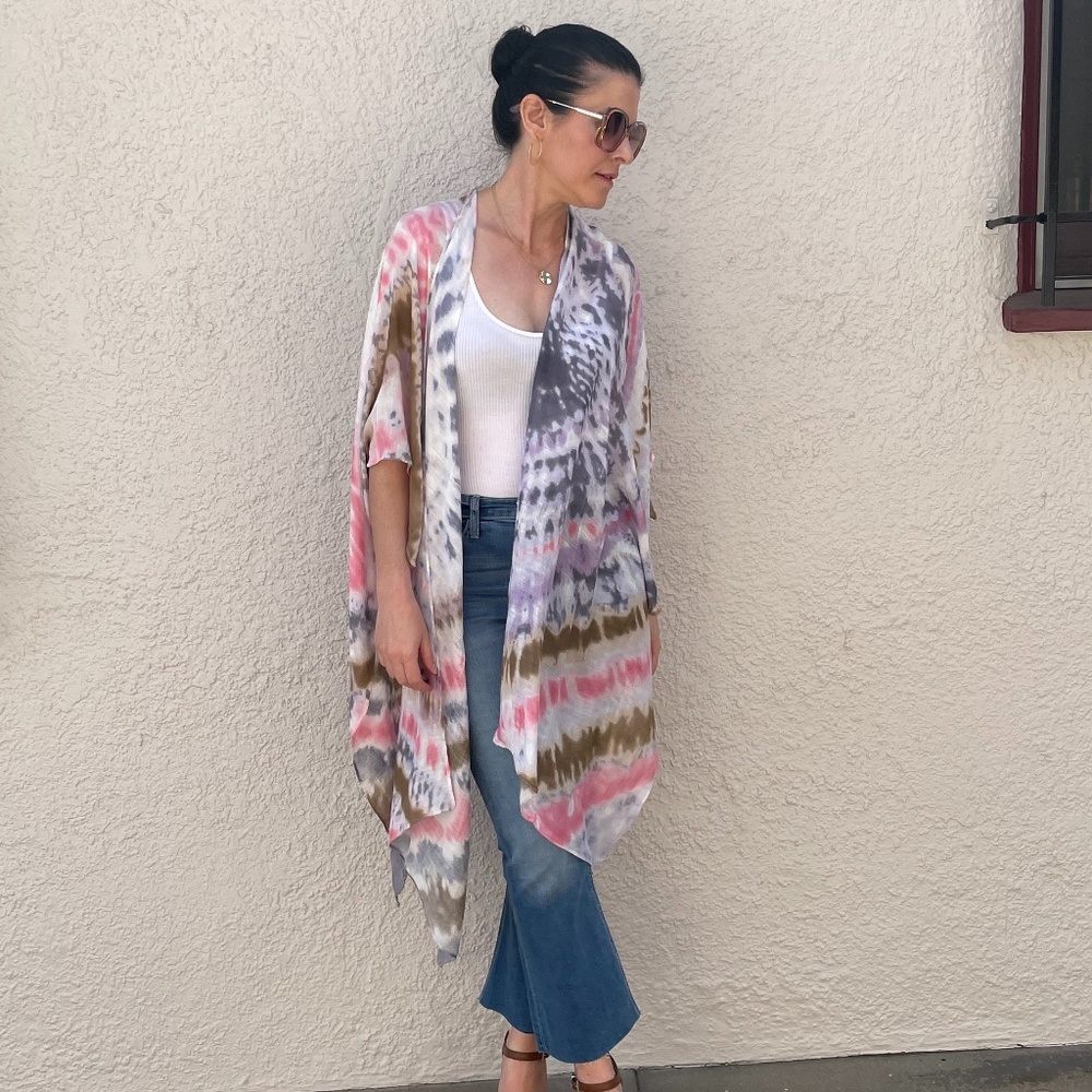 035 Boho Tie Dye Kimono beach Cover up - Picture 5 of 15